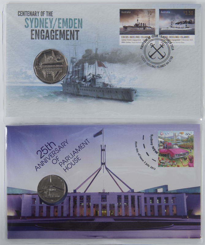 Coins - Australia: Decimals: 2013 20c 25th Anniversary of Parliament House PNCs (5) and 2014 50c Centenary of the Sydney/Emden Engagement PNCs (5). Issue Price: $15.95 each.