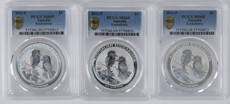 Coins - Australia: Silver: 2013 Aust Kookaburra 1oz Silver $1 Dollar Specimen Finish, Graded - PCGS MS69 (2) & MS68 (1). [Total: 3].