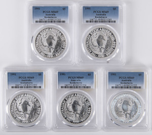 Coins - Australia: Silver: 1991 Aust Kookaburra 1oz Silver $5 Specimen Finish, Graded - PCGS MS69 (5).