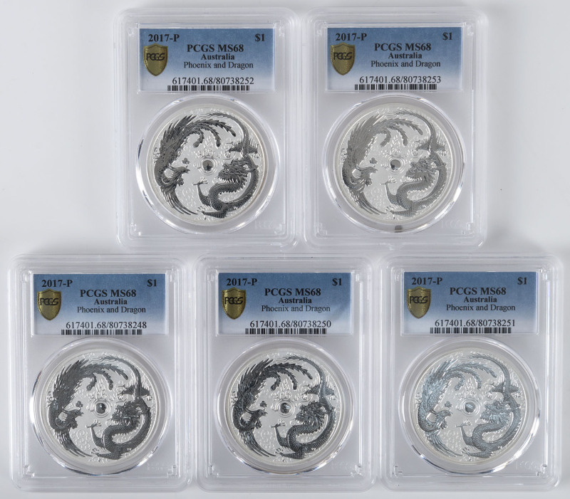 Coins - Australia: Silver: 2017 $1 Phoenix & Dragon Frosted Prooflike, PCGS GRADED - MS68. (5).