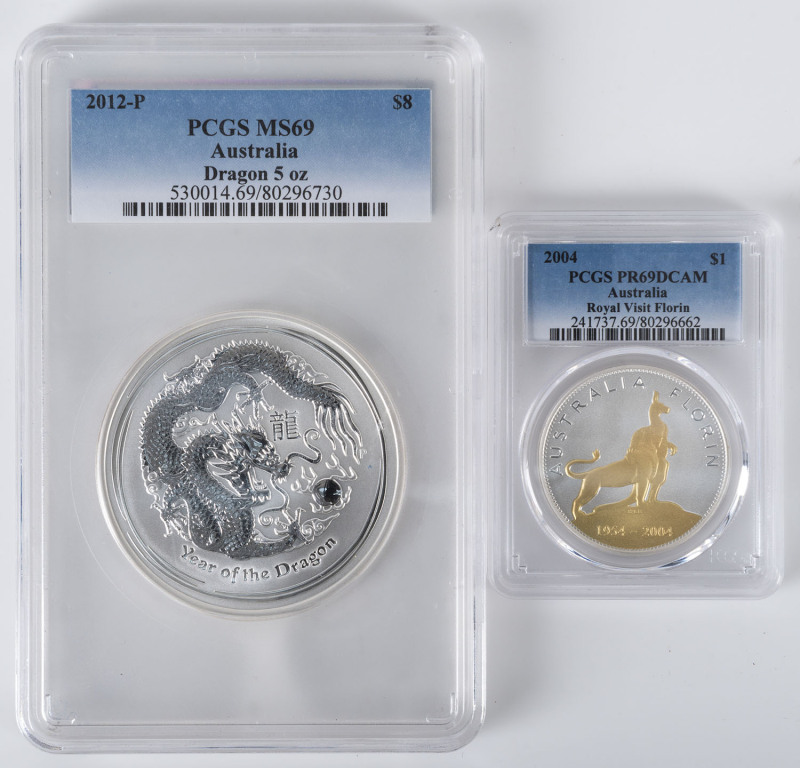 Coins - Australia: Silver: 2004 silver $1 (50th Anniversary Royal Visit) gold plated - PCGS - PR69; plus 2012 $8 silver Year of the Dragon 5oz Proof - PCGS - MS69. (2 items).