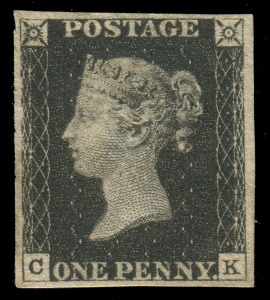 GREAT BRITAIN: 1840 1d Black [CK] Plate 6 [CK] (SG.2). Mint, with large part o.g. A lovely, four margin example with [2004] David Brandon Certificate. Cat.£12,500.
