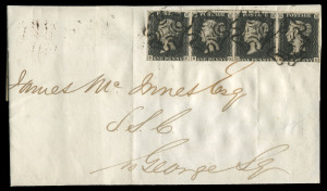 GREAT BRITAIN: 1840 1d blacks, a horizontal strip of 4 from Plate 6 [S-F to S-I] attractively tied to outer portion of an entire by multiple neat strikes of the Maltese Cross in black; partial date stamp on reverse 22 FEB 1841. The adhesives are all 3 mar