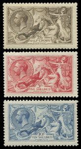 GREAT BRITAIN: 1915 (between SG.405-13) De La Rue printings 2/6, 5/- & 10/- Seahorses, set of (3), MLH. Cat.£4375.