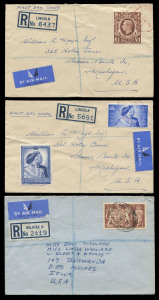 GREAT BRITAIN: AN UNIQUE GROUP OF £1 COVERS: The £1 brown KGVI, attractively tied on a 1st October 1948 registered FDC from LINCOLN to Michigan, USA; the £1 Silver Wedding (+ 2½d) on a registered 26th April 1948 FDC from Lincoln to Michigan; and the £1 Fe