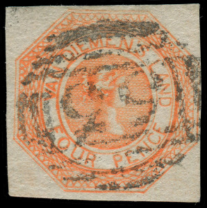 TASMANIA: 1853 (SG.5) 4d bright red-orange Courier, 4 margin example (close at right) with attractive "53" first allocation BN cancellation of RICHMOND. Cat.£1000.