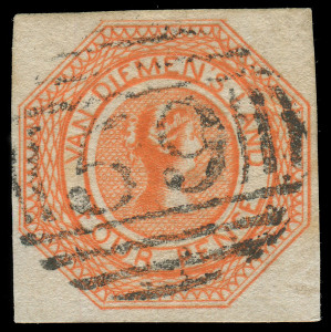 TASMANIA: 1853 (SG.5) 4d bright red-orange Courier, 4 margin example with attractive "59" first allocation BN cancellation of LAUNCESTON. Cat.£1000.