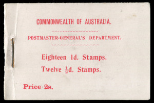 VICTORIA: BOOKLET: 1911 (SG.SB4) 2/- Booklet containing Victorian stamps [BW:B6(V)D] being Crown over A ½d bantam (blk.12) & 1d pink (intact, folded blk.18) with interleaving. Cover in red on pink, surfaced card (red on blue-green inside, with revised tex