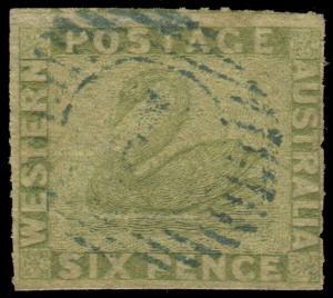 WESTERN AUSTRALIA: 1860-64 Roulettes: 6d sage-green, a lovely example with light BN cancellation in blue and with the roulettes clearly visible on 3 sides. A superior example. Cat.£700+. 