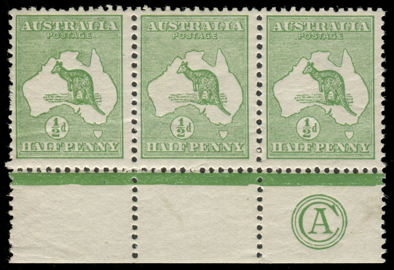 COMMONWEALTH OF AUSTRALIA: Kangaroos - First Watermark: ½d Green (Die 2), marginal strip of (3) with CA Monogram under Unit 57 and variety "Retouched shading over U of AUST" at Unit 55. MLH/MUH (incl. Monogram). Cat.$1200 (with corner margin!).