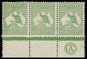 COMMONWEALTH OF AUSTRALIA: Kangaroos - First Watermark: ½d Green (Die 2), marginal strip of (3) with CA Monogram under Unit 57 and variety "Retouched shading over U of AUST" at Unit 55. MLH/MUH (incl. Monogram). Cat.$1200 (with corner margin!).