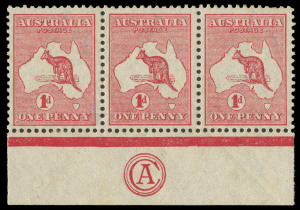 COMMONWEALTH OF AUSTRALIA: Kangaroos - First Watermark: 1d Red (Die 1) marginal strip of (3) with CA Monogram below the central unit. Very attractively centred and fresh MVLH. BW:2(C)za+.