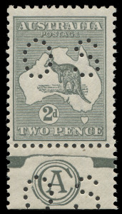 COMMONWEALTH OF AUSTRALIA: Kangaroos - Third Watermark: 2d Grey (Die 11A) perforated OS, CA Monogram single, MVLH (with a light band of gum discolouration mentioned for accuracy but not visible from the front). BW:8bza but not priced as such. Extremely ra