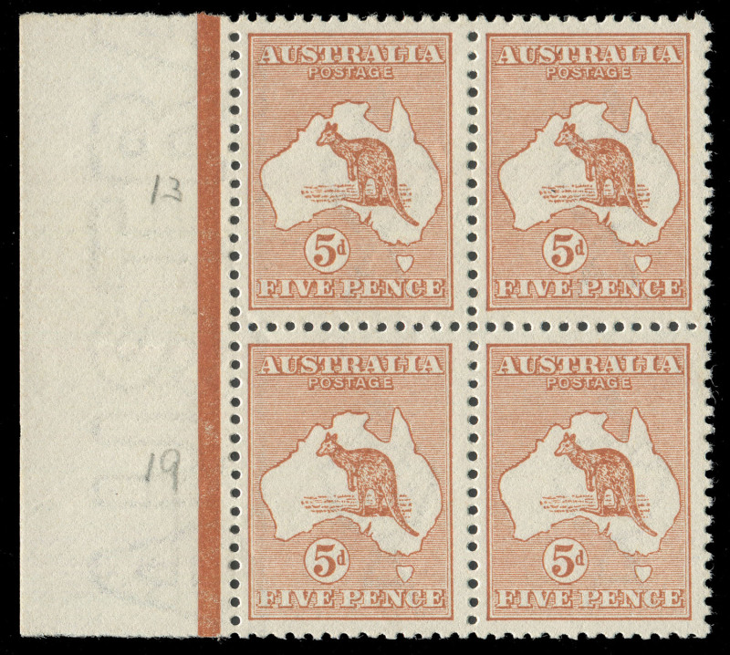 COMMONWEALTH OF AUSTRALIA: Kangaroos - First Watermark: 5d Chestnut, marginal block of (4) from the left pane; superbly centred MUH. An exceptional multiple.
