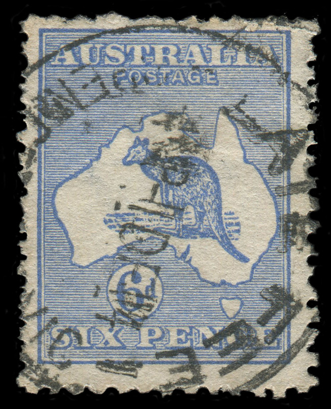 COMMONWEALTH OF AUSTRALIA: Kangaroos - First Watermark: 6d Ultramarine, Substituted cliche - Die 11A, Used with SPENCER STREET LATE FEE cds of Dec.1914. BW:17(1)ja - Cat.$4500. SG.£2000 (SG.9b). A few rough perfs, but the frame break is clear of the postm