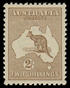 COMMONWEALTH OF AUSTRALIA: Kangaroos - Third Watermark: 2/- Brown, superbly centred and fresh MUH. A very fine stamp; you won't find a better example! BW:37A - $2500.