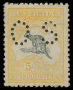 COMMONWEALTH OF AUSTRALIA: Kangaroos - Third Watermark: 5/- Grey & Pale Yellow, perforated OS, MLH. Well centred for this issue. BW:44Db - Cat.$1250.