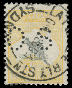 COMMONWEALTH OF AUSTRALIA: Kangaroos - Third Watermark: 5/- Grey & Pale-Yellow, perforated OS, with variety 44ca "Misplaced Kangaroo" (the Roo's feet being entirely in the Great Australian Bight [identical position to BW:48cb - illustrated at page 2/167].