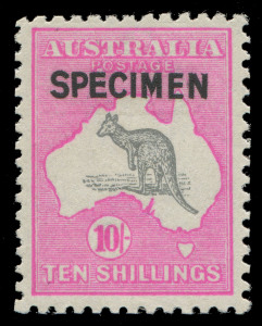 COMMONWEALTH OF AUSTRALIA: Kangaroos - Third Watermark: 10/- grey & bright pink aniline, type B SPECIMEN. Brilliant mint unhinged, very well centred. BW:48x - unpriced **.