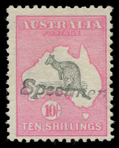 COMMONWEALTH OF AUSTRALIA: Kangaroos - First Watermark: 10/- Grey & Pink handstamped "Specimen", MUH. BW:47Ax - $3500. Rarely found in this condition.
