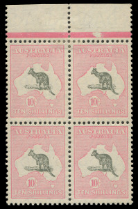 COMMONWEALTH OF AUSTRALIA: Kangaroos - Small Multiple Watermark: 10/- Grey & Pink, superb top marginal block of (4); delightfully centred and fresh. The upper units Mint; the lower units MUH. Upper right unit with vignette variety BW:49(V)o "Long curved t