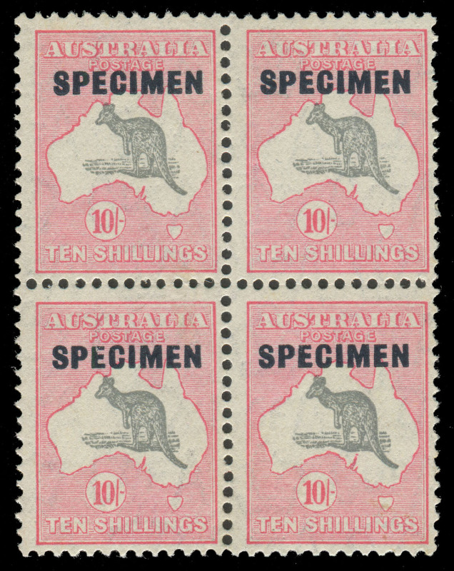 COMMONWEALTH OF AUSTRALIA: Kangaroos - CofA Watermark: 10/- Grey & Pink, overprinted SPECIMEN (Type D) in a rare block of (4) units; the upper pair MVLH, the lower pair MUH. BW:50Axf.