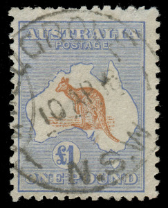 COMMONWEALTH OF AUSTRALIA: Kangaroos - Third Watermark: £1 Chestnut & Pale Blue, FU with HILLGROVE N.S.W. cds of April 1918.