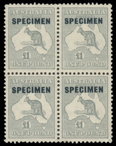 COMMONWEALTH OF AUSTRALIA: Kangaroos - CofA Watermark: £1 Grey, overprinted SPECIMEN, block of (4), with lower left stamp showing an unlisted variety: TWO GREY COLOUR DOTS BEFORE FIRST A IN AUST. Minor perf separations at base and minor discolouration to 