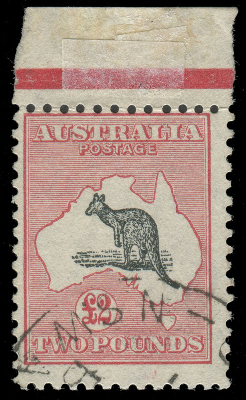 COMMONWEALTH OF AUSTRALIA: Kangaroos - CofA Watermark: £2 Black & Rose, top marginal example, FU with variety "Broken coast in Bight". BW:58(D)p - $1300.