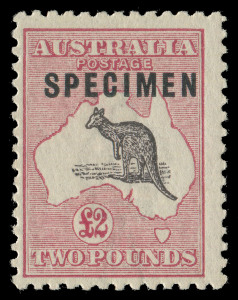 COMMONWEALTH OF AUSTRALIA: Kangaroos - Third Watermark: £2 Purple-Black & Rose, SPECIMEN Overprint Type C with variety "shaved P in overprint); fine and fresh unmounted. BW:56Cxf. Not priced in this condition.