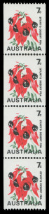 COMMONWEALTH OF AUSTRALIA: Decimal Issues: 7c Sturt's Desert Pea floral coil strip of (4) with BUFF OMITTED on all units;  additionally green colour is misplaced. RPS (Victoria) Certificate [2001]. BW:535ce