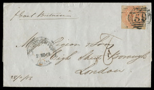 1853 Courier 4d Bright Bright Orange, Plate 1 Early State (pos 8), on folded entire to London with contents, tied by barred numeral "59" with "Launceston 21 NO 1853" cds & crown "15 FE 15/1854" arrival b/s. Adhesive cut square with near 4 margins (just t