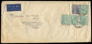 COMMONWEALTH OF AUSTRALIA: KGV Heads - CofA Watermark: March 1936 usage of 1/4 Greenish-blues (4, in an irregular block) + 3d Blue on legal size commercial airmail cover (triple rate) from Melbourne to Germany; endorsed at upper left "AIR MAIL. AUSTRALIA 