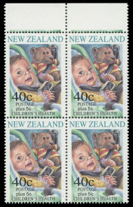 NEW ZEALAND: 1996 40c Health "Teddy Bear" withdrawn stamp, in a superb post office fresh top marginal block of (4), together with the re-isssued stamp without Teddy Bear for comparison. MUH. (5).