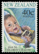 NEW ZEALAND: 1996 40c Health "Teddy Bear" withdrawn stamp, in a superb post office fresh top marginal block of (4), together with the re-isssued stamp without Teddy Bear for comparison. MUH. (5). - 2