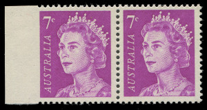 COMMONWEALTH OF AUSTRALIA: Decimal Issues: 1971 (SG.388a) 7c Reddish Purple QEII, horizontal pair, (2) the left-hand unit being IMPERFORATE between the stamp and the margin, MUH. BW:447b - $1500.