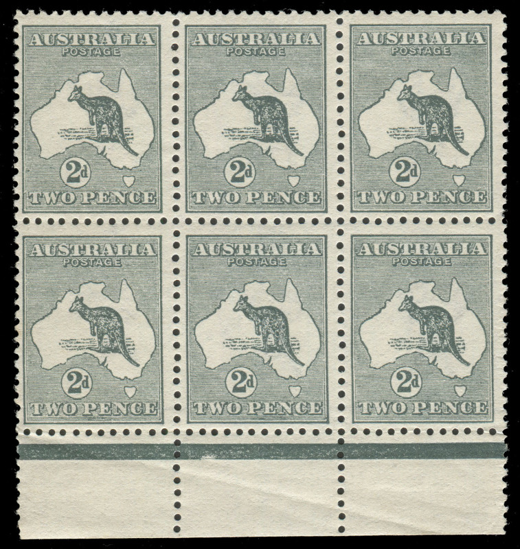 COMMONWEALTH OF AUSTRALIA: Kangaroos - First Watermark: 2d Grey, delightful marginal block of (6) MUH from the base of the sheet. Fine & fresh multiple. BW:5A - $1800.