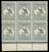 COMMONWEALTH OF AUSTRALIA: Kangaroos - First Watermark: 2d Grey, delightful marginal block of (6) MUH from the base of the sheet. Fine & fresh multiple. BW:5A - $1800.