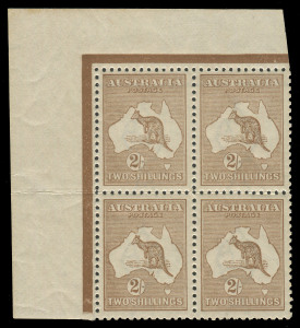 COMMONWEALTH OF AUSTRALIA: Kangaroos - Third Watermark: 2/- Pale Brown, upper left corner block of (4) from the left pane; mounted once in the margin only and otherwise completely MUH. Very fine facial appearance and an extremely rare multiple, the gum is