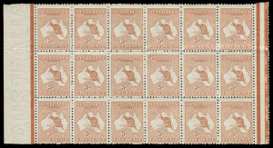 COMMONWEALTH OF AUSTRALIA: Kangaroos - First Watermark: 5d Chestnut, block of (18) from the left pane, MUH; minor crease through the right vertical strip of 3 and one light tone spot at base. Otherwise a remarkable, large survivor. BW:16C - $650 each!