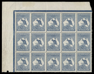 COMMONWEALTH OF AUSTRALIA: Kangaroos - First Watermark: 2½d Indigo, upper left corner block of (15) from the left pane; centred left; includes BW:9(1)d "Break in inner top frame over R of AUSTRALIA". MUH. BW:9 - Cat.$325 each!