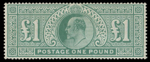 GREAT BRITAIN: 1902-10 (SG.266) De La Rue printing £1 dull blue-green Edward VII, fresh lightly mounted Mint, with full perforations. Cat.£2000.