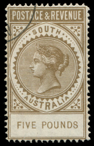 SOUTH AUSTRALIA: 1886-96 (SG.205) £5 brown "POSTAGE & REVENUE", CTO with Melbourne single-ring cancellation with the "M" of Melbourne visible; and with large part o.g. Cat.£1000. [Michael Blake's example sold by Mossgreen - 30.6.2016 for $1984]. 