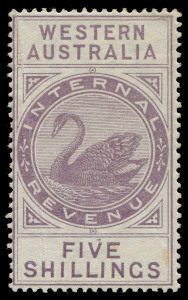 WESTERN AUSTRALIA - Revenues: INTERNAL REVENUE: 1893-97 Postal Fiscal 1d (3), 2d, 3d (2), 6d, 1/- (2), plus 2/6 & 5/-; mainly fine and with o.g. Also I.R. TWO {ENCE and THREE PENCE overprints on 3d purple. Mixed condition. (13).