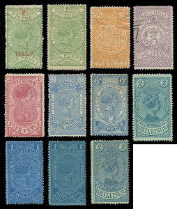 1884 Postal Fiscals: ½d on 1d green (*), 1d green *, 3d mauve FU, 4d rose (*), 6d blue (*), 1/- blue on blue *, 2/- blue on green some o.g., 2/6 orange * & 5/- blue on lemon (*); plus a couple of duplicates. Mixed condition. High catalogue value. (Inspect