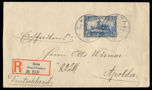 NEW GUINEA - German (Deutsch) New Guinea: 1901 (Mi.17) 2 Mark blackish-blue right margin single attractively tied on registered cover from KIETA (18/8/08) to Apolda, Germany with arrival backstamp (11/10/08).