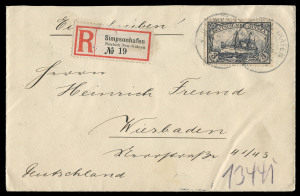 NEW GUINEA - German (Deutsch) New Guinea: 1901 (Mi.18) 3 Mark violet-black single attractively tied on registered cover from SIMPSONHAFEN (10/06) to Wiesbaden, Germany with arrival backstamp (24/12/06).