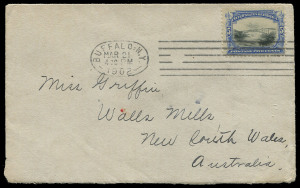 UNITED STATES OF AMERICA - Postal History: UNITED STATES OF AMERICA - Postal History: 1901 Pan American Exposition 5c "Bridge at Niagara Falls" single, tied by BUFFALO NY Mar 21 1902 machine cancel on a cover addressed to Walls Mills, New South Wales; Sea