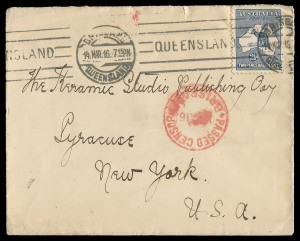 COMMONWEALTH OF AUSTRALIA: Kangaroos - Second Watermark: Mar.1916 usage of 2½d Indigo on Censored cover from BRISBANE to NEW YORK.