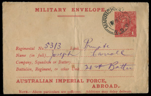 COMMONWEALTH OF AUSTRALIA: Postal Stationery: Envelopes - Military: 1917 (ACSC: ME5B) 1d carmine "AUSTRALIAN IMPERIAL FORCE, ABROAD." - first setting, envelope, FU from MARRICKVILLE 18 Feb.1918 to a Private in the 21st Battalion. Cat.$400.